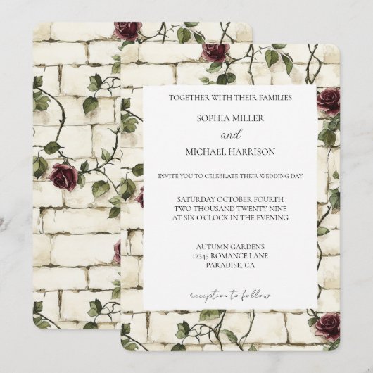 Romantische Cream Bricks Rode Rozen Bloemen Huweli Kaart (Voorkant / Achterkant)