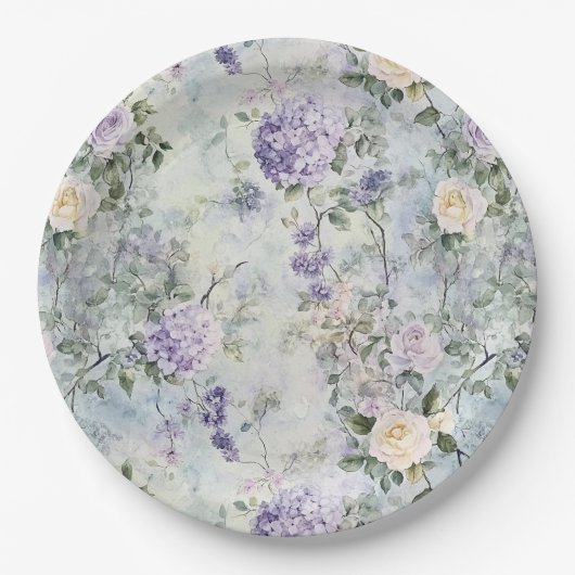 Romantische Cream Purple Flowers Wedding Papieren Bordje (Voorkant)