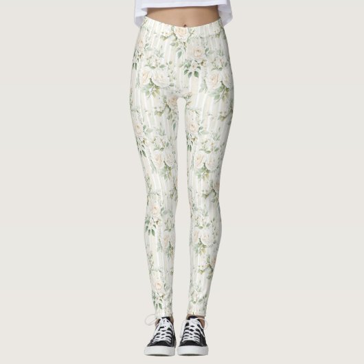 Romantische Crème Bloemstrepen Leggings (Voorkant)