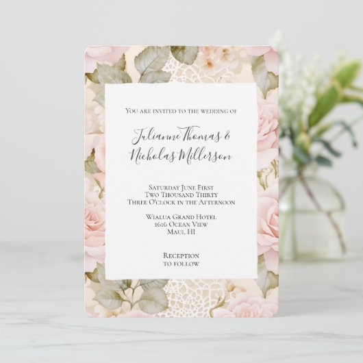 Romantische Crème Blush Rozen Bloemen Huwelijk Kaart (Staand voorkant)