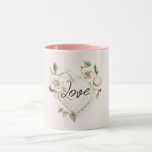 Romantische Crème Blush Rozen Veren Bloemhart Mok (Midden)