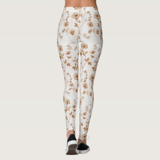 Romantische Crème Bruine Bloem Leggings (Achterkant)
