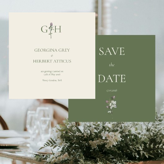 Romantische crème en salie klaver save the date kaart
