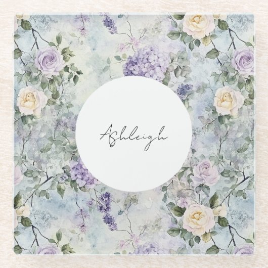Romantische Crème paarse bloemen Bruidscadeau Glazen Onderzetter (Voorkant)