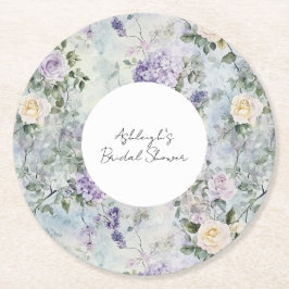 Romantische Crème paarse bloemen Bruiloftsfeest Ronde Kartonnen Onderzetter