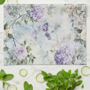 Romantische Crème paarse bloemen Theedoek
