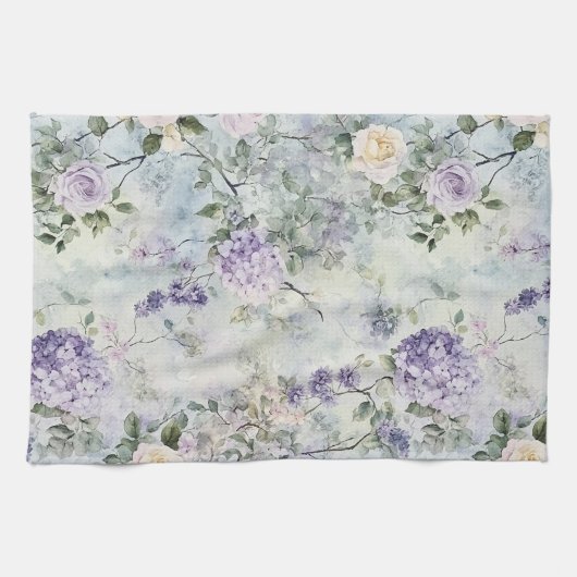 Romantische Crème paarse bloemen Theedoek (Horizontaal)