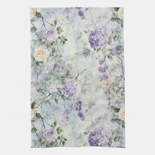 Romantische Crème paarse bloemen Theedoek (Verticaal)