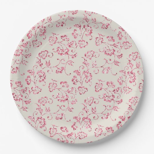 Romantische Crème Roze Glitter Bloemen Bruiloft Papieren Bordje (Voorkant)