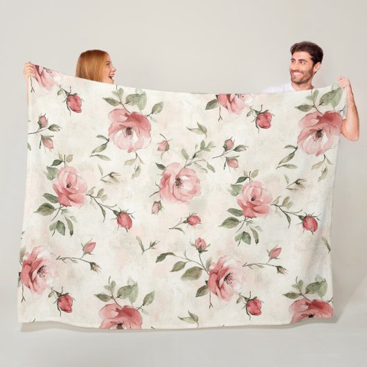 Romantische Crème Roze Rozen Bloem  Fleece Deken (In situ)