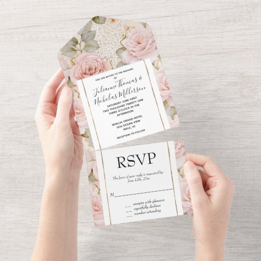  Romantische Crème Rozen Bloemen Huwelijk All In One Uitnodiging (Afscheurbaar)