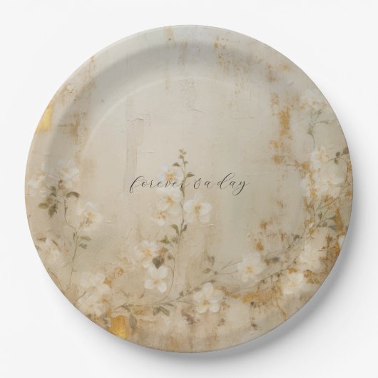 Romantische Crème Wit Goud Bloemen Bruiloft Papieren Bordje (Voorkant)