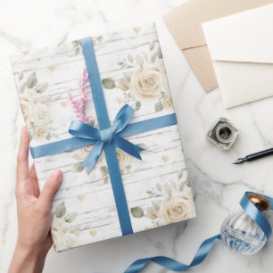 Romantische Crème Witte Bloemige Boho Bruiloftsdou Cadeaupapier