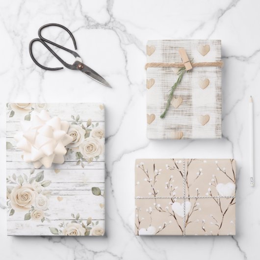 Romantische Crème Witte Bloemrijke Boho Bruiloftss Inpakpapier Vel (Voorkant)