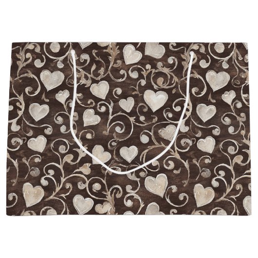 Romantische Crèmekleurige Bruine Harten Bruidsfees Groot Cadeauzakje (Voorkant)