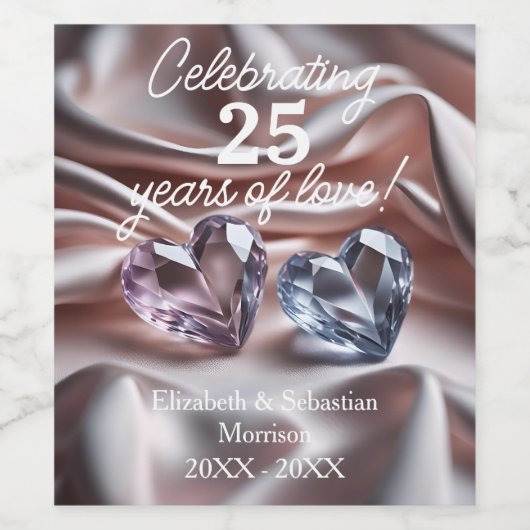 Romantische Crystal Hearts 25e bruiloft Jubileum Wijn Etiket (Enkel label)