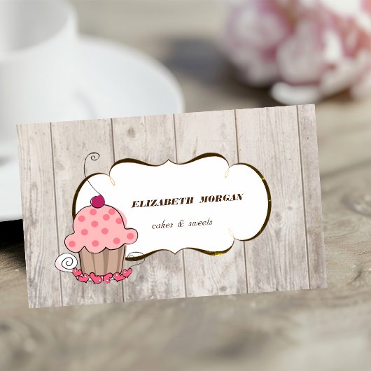 Romantische Cupcake Bakkerij, Hout Textuur Visitekaartje