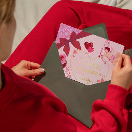 Romantische Cupido-liefde met foliehart en rode li Folie Feestdagenkaart