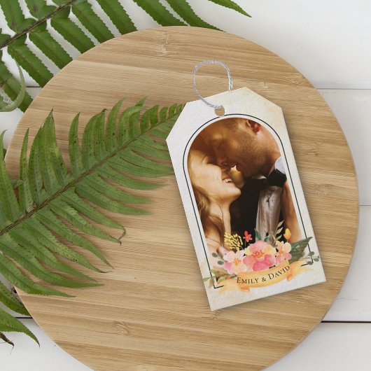 Romantische Cute Peach Bloemboog Foto Huwelijk Cadeaulabel