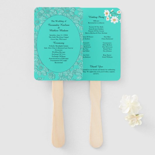 Romantische Daisies Floral Turquoise bruiloft prog Handwaaier (Voorkant en achterkant)