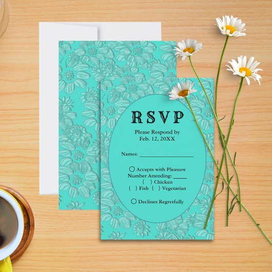 Romantische Daisies Turquoise Bruiloft RSVP Menu K
