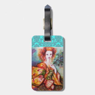 ROMANTISCHE DAME MET PAUW VEER DAMASK MONOGRAM BAGAGELABEL