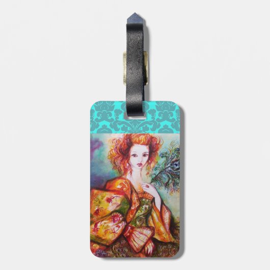 ROMANTISCHE DAME MET PAUW VEER DAMASK MONOGRAM BAGAGELABEL (Achterkant verticaal)