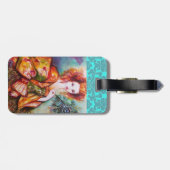 ROMANTISCHE DAME MET PAUW VEER DAMASK MONOGRAM BAGAGELABEL (Achterkant horizontaal)