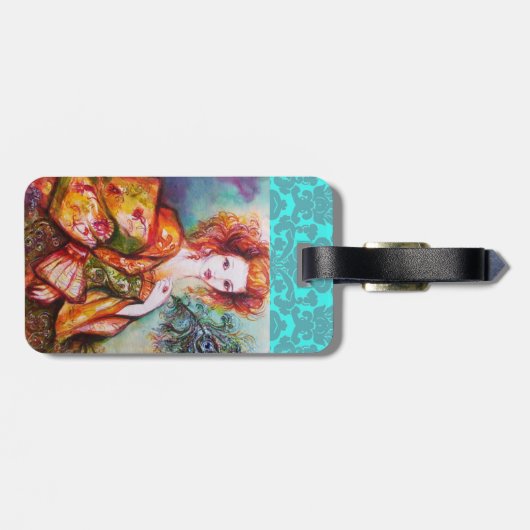 ROMANTISCHE DAME MET PAUW VEER DAMASK MONOGRAM BAGAGELABEL (Achterkant horizontaal)