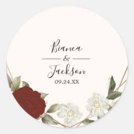 Romantische Deep Red Rose Bloemen Winter Huwelijk Ronde Sticker
