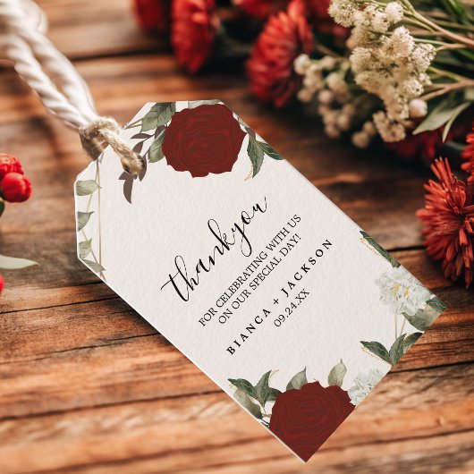 Romantische Deep Red Rose Bloemen Winter Huwelijks Cadeaulabel