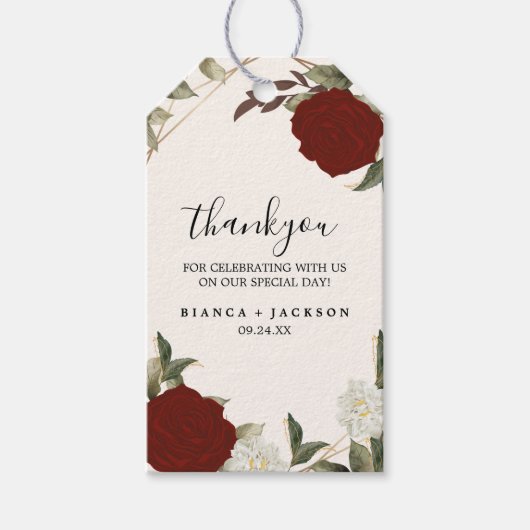 Romantische Deep Red Rose Bloemen Winter Huwelijks Cadeaulabel (Voorkant)
