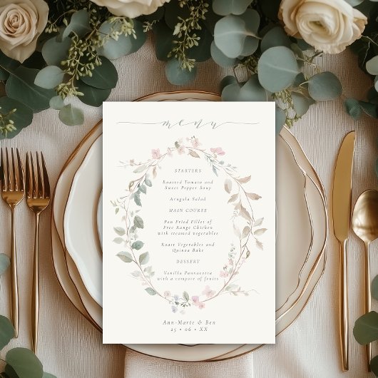 Romantische Delicate Blush Bloemenkrans Bruiloft Menu