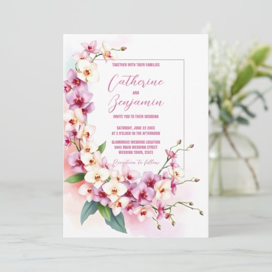 Romantische delicate roze en witte orchideeën brui kaart (Staand voorkant)