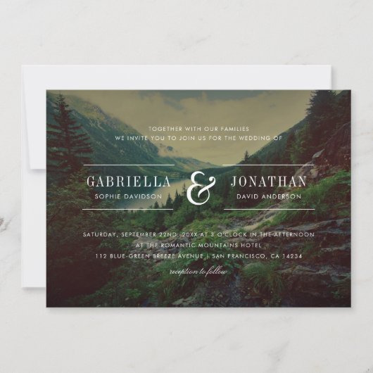 Romantische dennen, bergen & meer | Moderne bruilo Kaart (Voorkant)