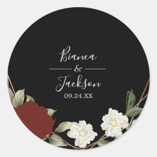 Romantische Diep Roze Bloemige Winter Zwarte Bruil Ronde Sticker