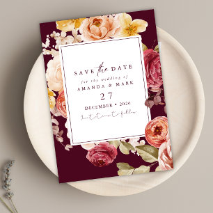 Romantische diepe burgundy bloemige save the date  kaart