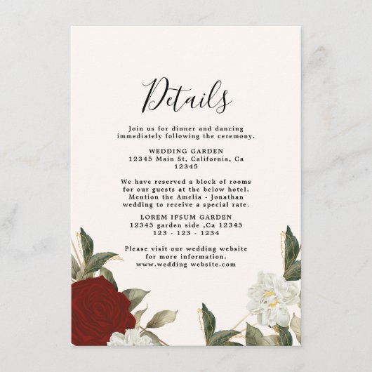 Romantische dieprode roos bloemige trouwdetails informatiekaartje (Voorkant)