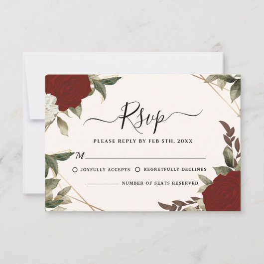 Romantische dieprode rozenbloem Winter Wedding RSVP Kaartje (Voorkant)