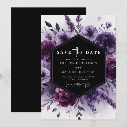 Romantische digitale Paarse bloemen bruiloft Save The Date (Voorkant / Achterkant)