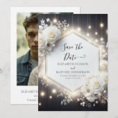 Romantische digitale witte rozen bruiloft save the date (Voorkant / Achterkant)