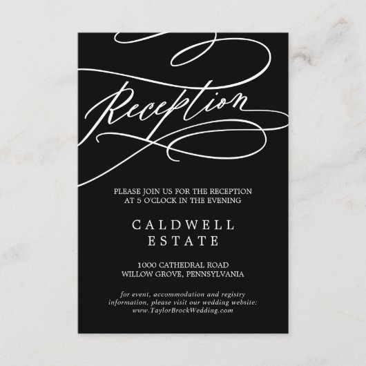 Romantische Donker Zwarte Kalligrafie Huwelijksrec Informatiekaartje (Voorkant)