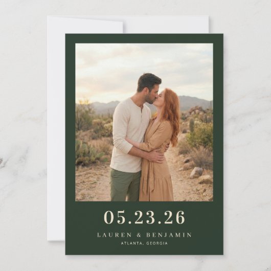 Romantische donkergroene foto save the date (Voorkant)