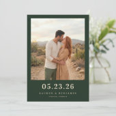 Romantische donkergroene foto save the date (Staand voorkant)
