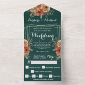 Romantische donkergroene gouden bloemen bruiloft all in one uitnodiging (Binnen)