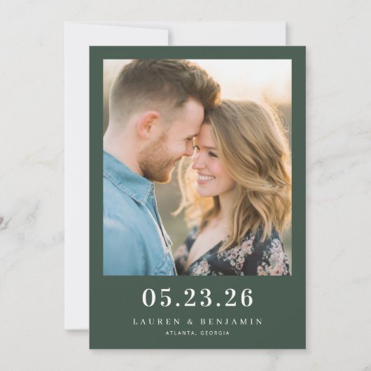 Romantische donkergroene minimalistische foto save the date (Voorkant)