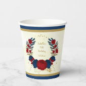 Romantische donkerrode en marineblauwe bloemen gou papieren bekers (Voorkant)