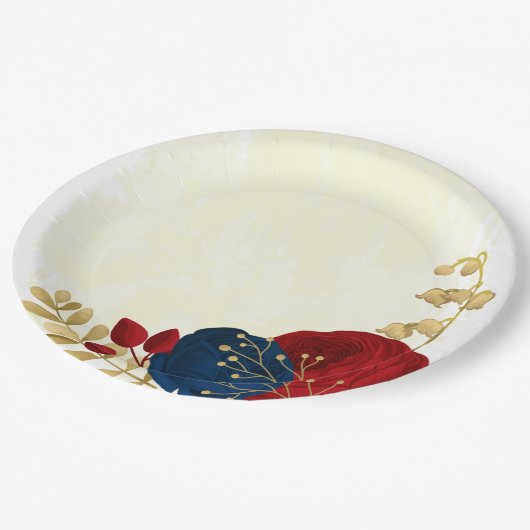 Romantische donkerrode en marineblauwe bloemen gou papieren bordje (Gekanteld)