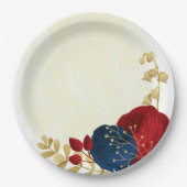 Romantische donkerrode en marineblauwe bloemen gou papieren bordje (Voorkant)