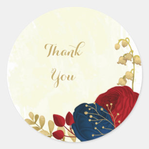 Romantische donkerrode en marineblauwe bloemen gou ronde sticker
